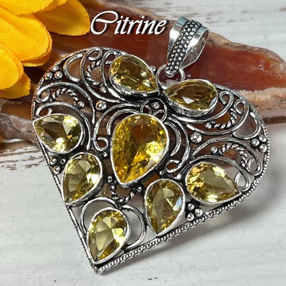 Heart Pendant Citrine Large Handmade Gemstone 924 Stamped Bohemian Sparkler New! - Picture 1 of 13